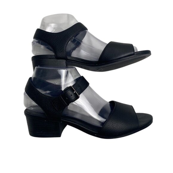 Eileen Fisher Shoes - Eileen Fisher Black Pebbled Leather Ankle Strap Sandals With Block Heel Size 7.5